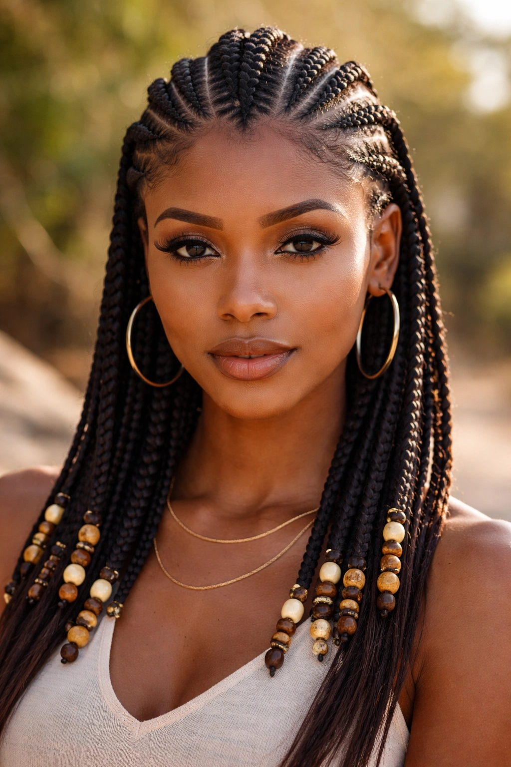 Close-up of Fulani braids with natural beads on a real woman's head