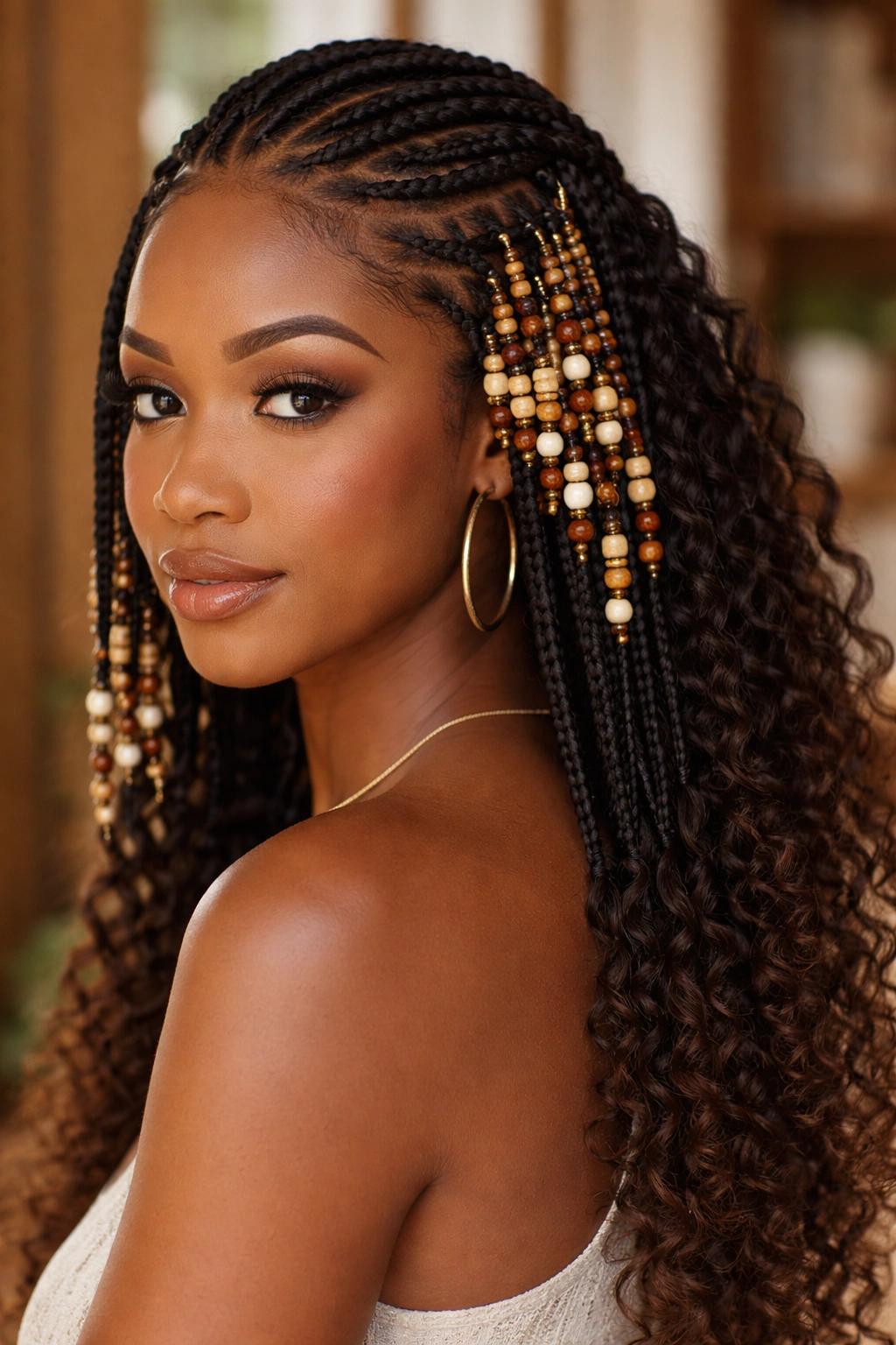 Close-up of Fulani beads forming a waterfall effect along the braids from front to back.