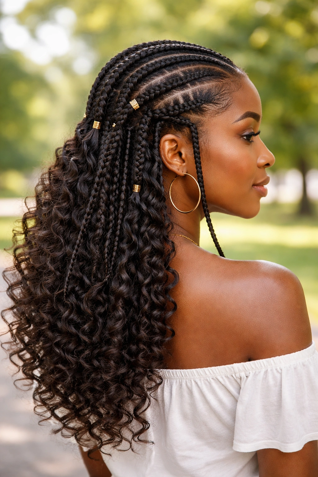 Close-up portrait of a real woman with a back section that blends thin braids and free curls in Fulani style.