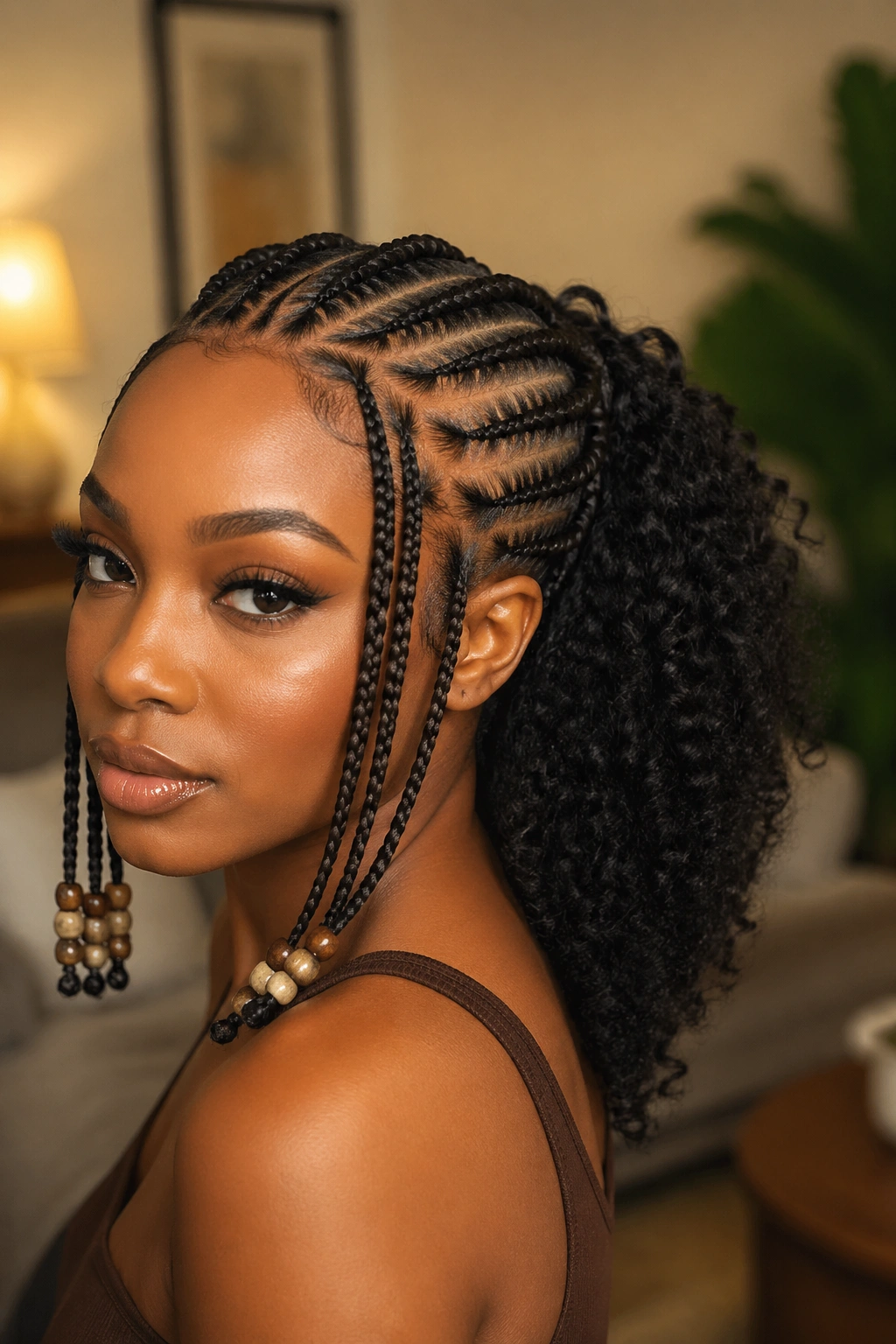 Portrait of a Black woman with Fulani-inspired front cornrows and back curls