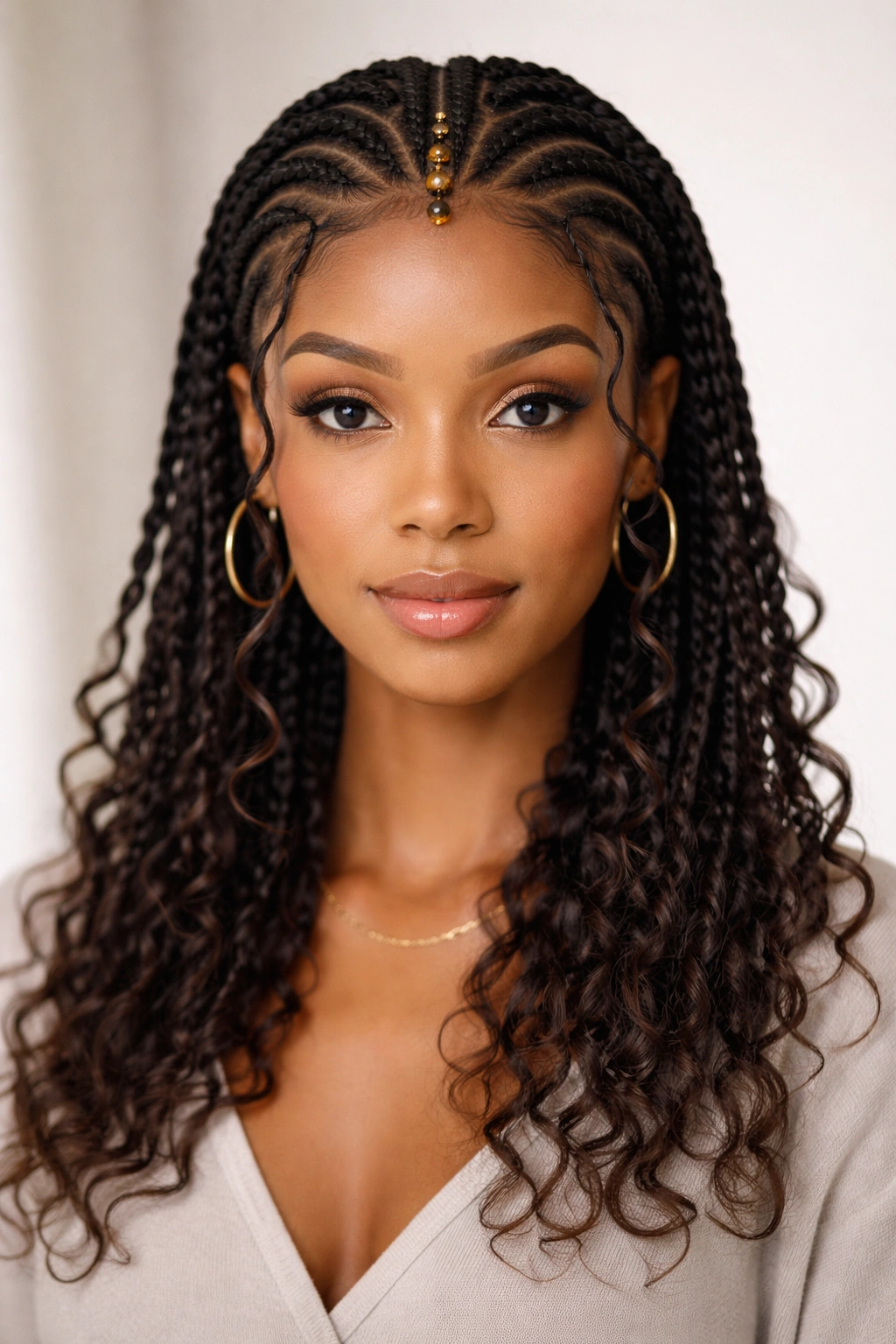Front view of Fulani braids with face-framing curls near the cheeks
