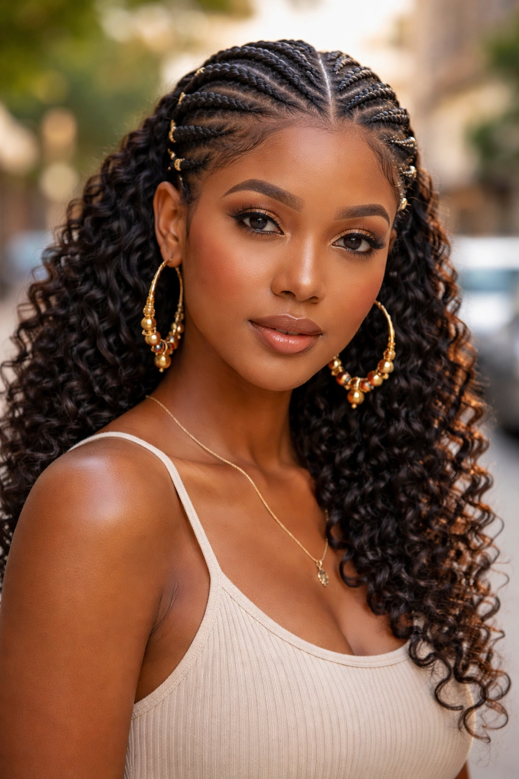 Portrait of a woman wearing Fulani braids with curls framing the back.