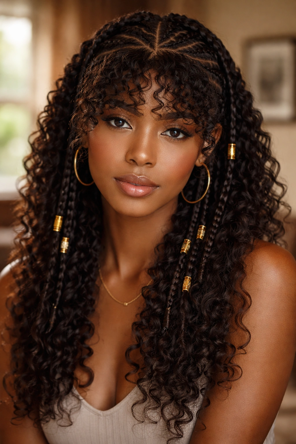 Close-up portrait of a real woman with Fulani braids featuring curly bangs framing the face.