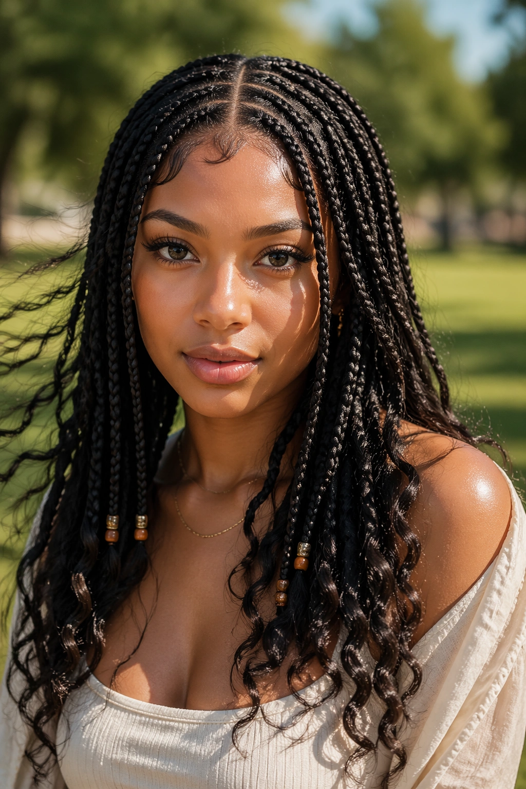 Close-up of a real woman with Fulani-inspired box braids and curly ends with beads in natural light