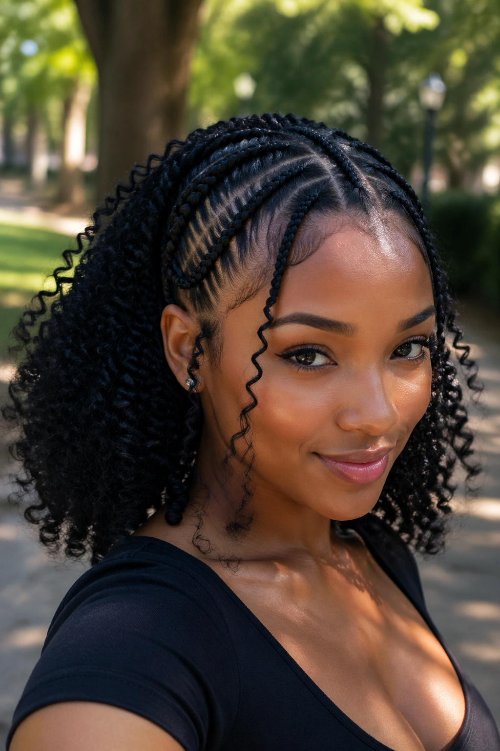 Close-up portrait of a real woman with Fulani braids at the front and curly sides and back