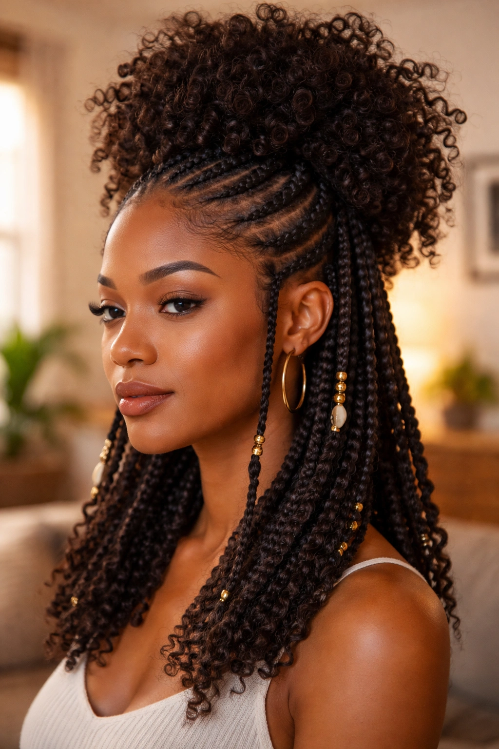 Portrait of a woman with Fulani braids and a high top crown of natural curls.
