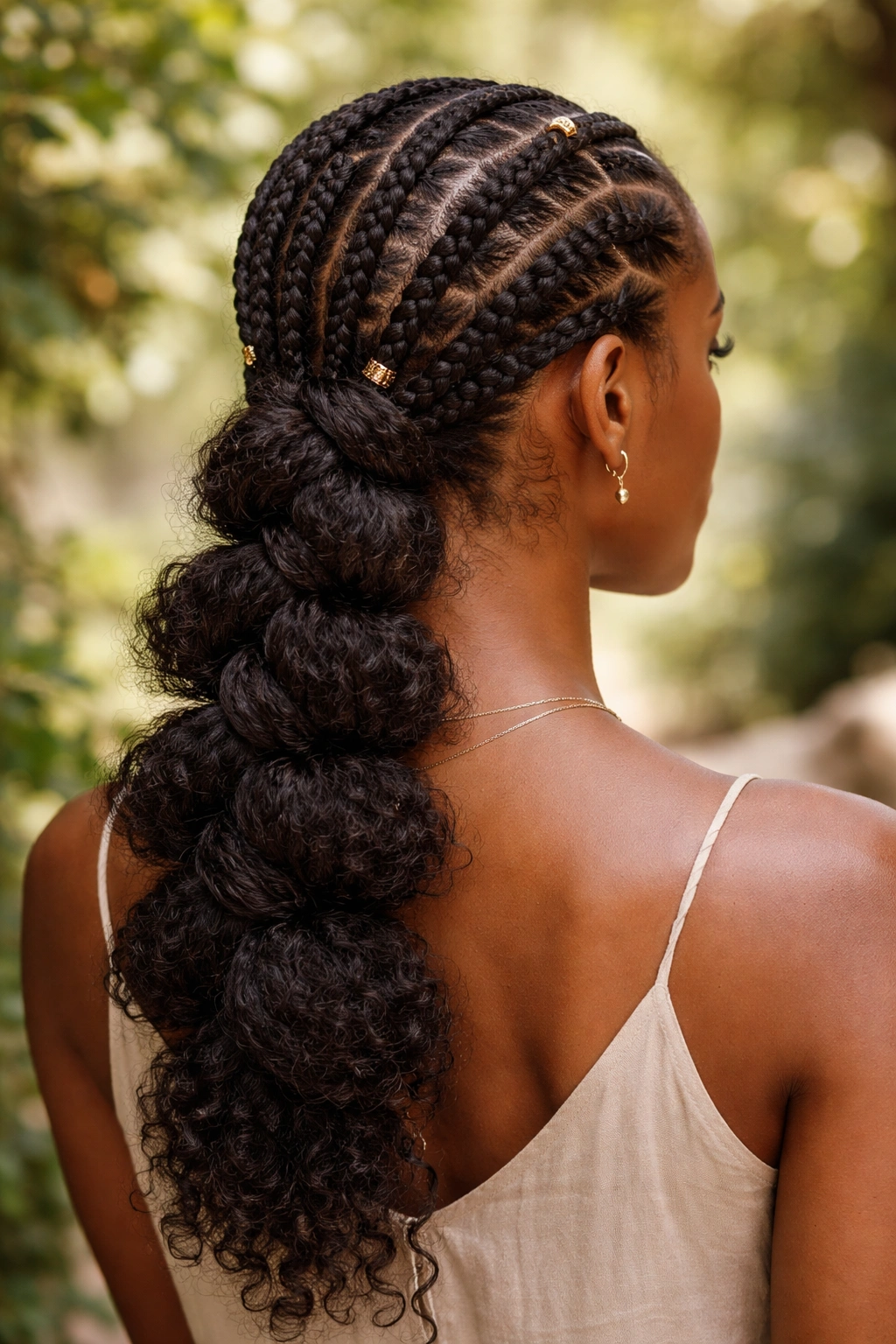 Back view of Fulani braids transitioning into sculptural knots on natural curls.