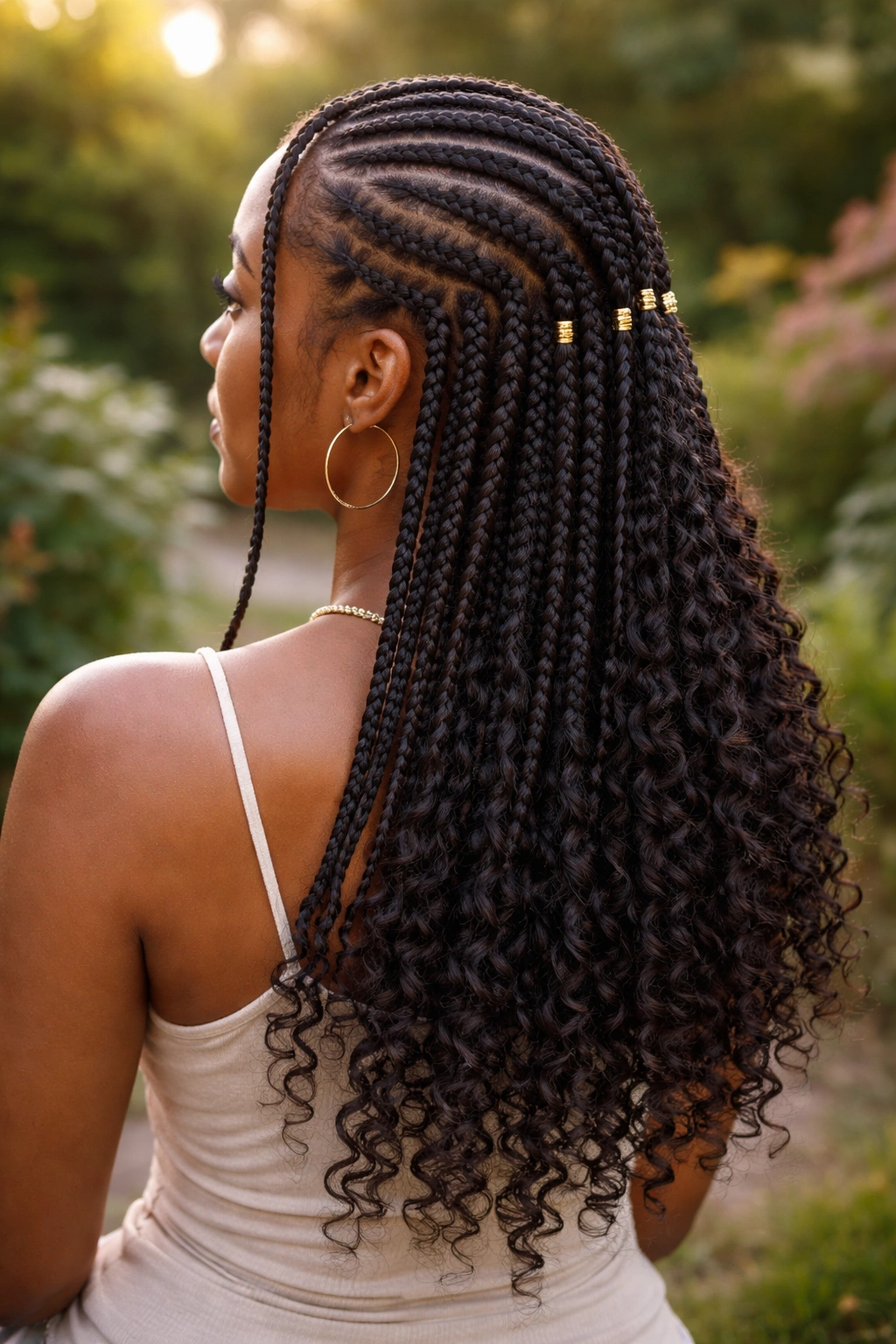 Rear view of a real woman with knotless braids hanging loosely at the back in a Fulani configuration.