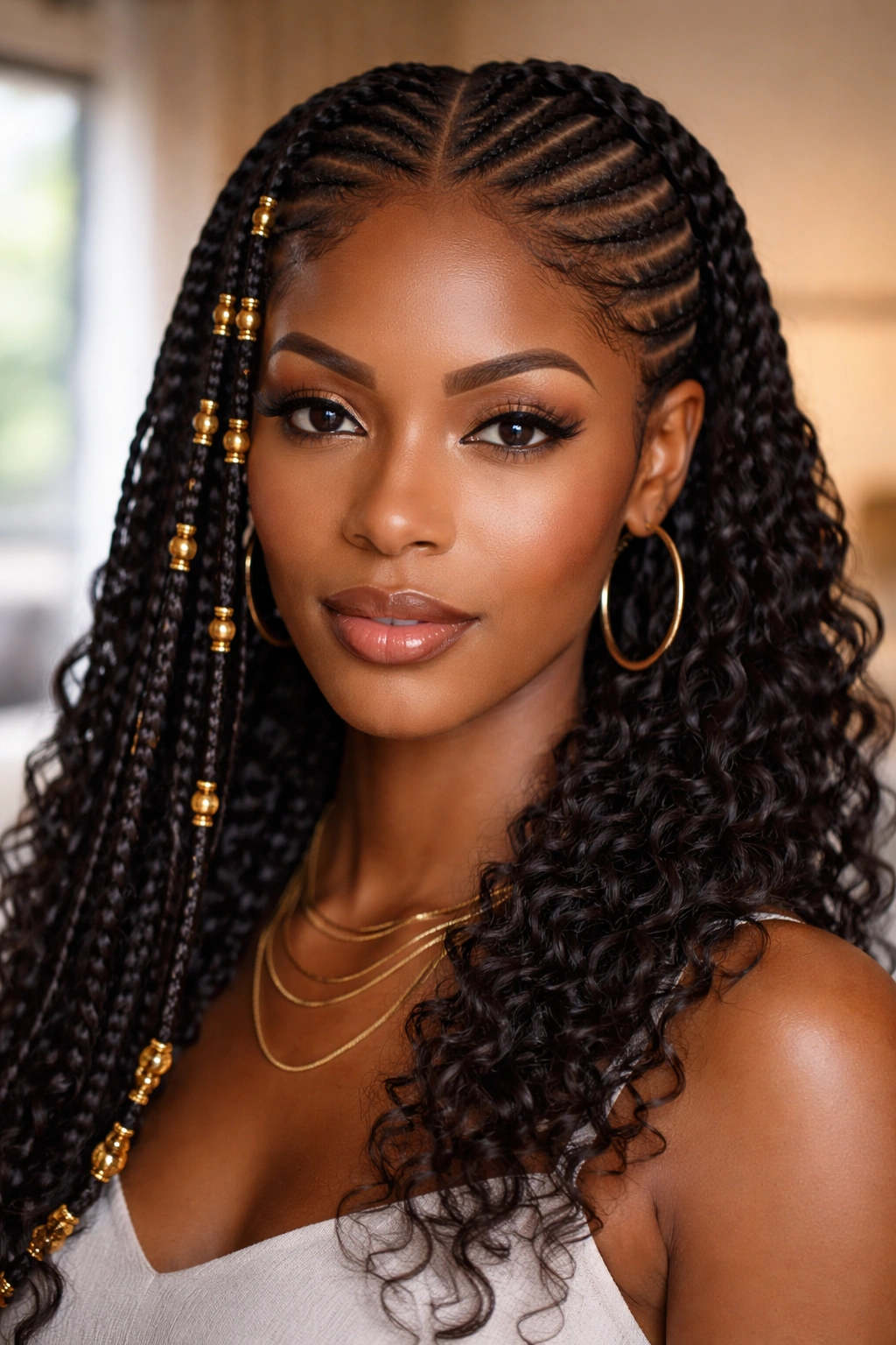 Close-up portrait of a real woman with Fulani and lemonade braids on opposite sides, center line and back curls.