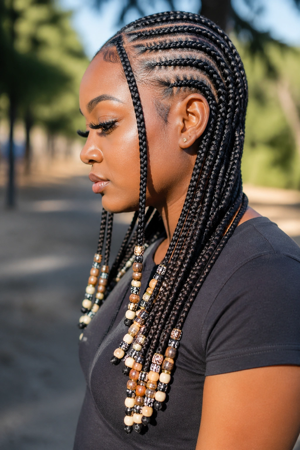 Side-profile of long Fulani braids with bead-heavy ends on a real person