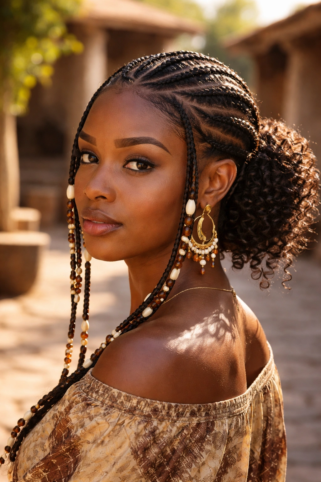 Close-up of a Fulani woman showing traditional center cornrow, angled side braids, and beaded bun at the back in an outdoor courtyard.