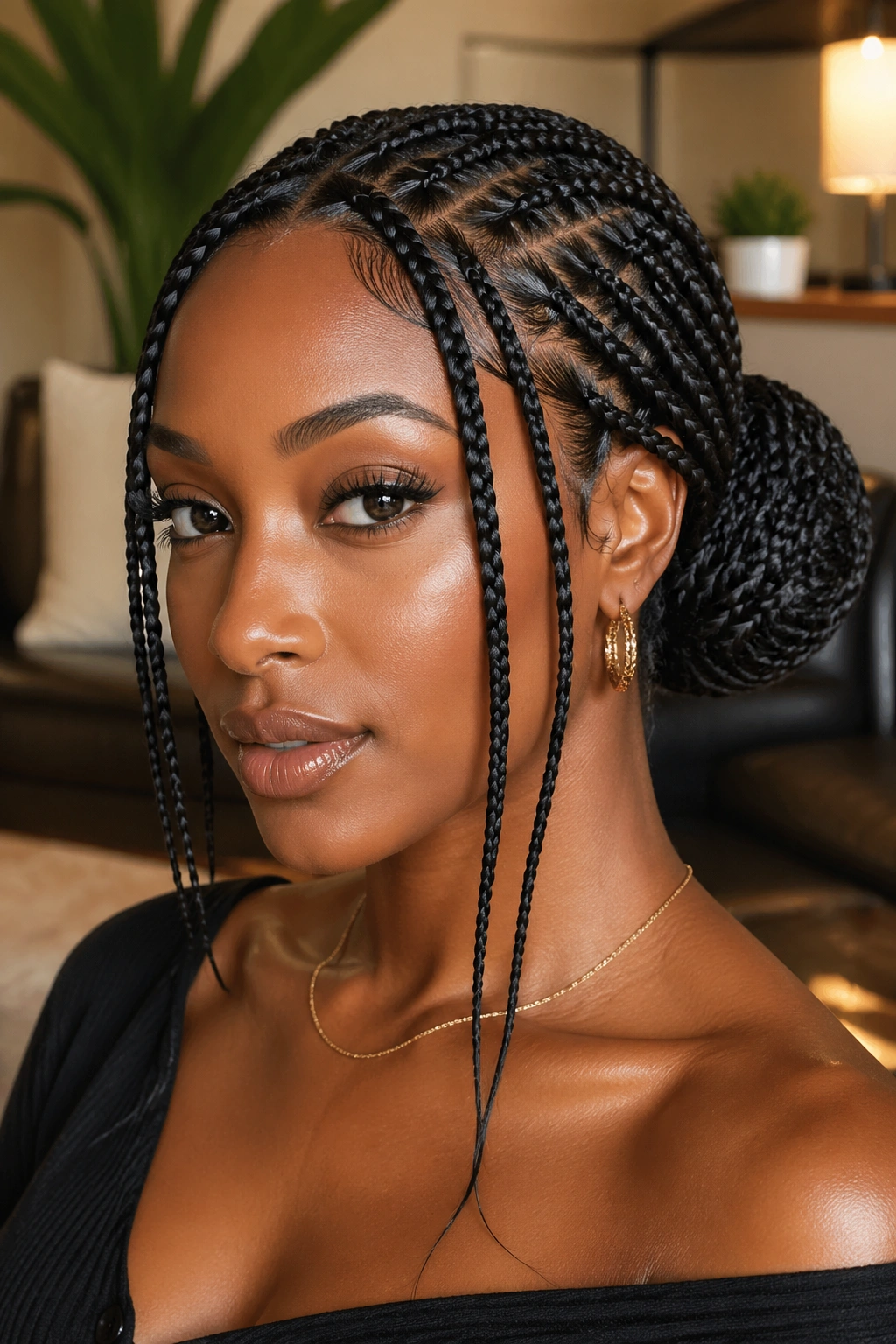 Portrait of side bun Fulani box braids with face-framing pieces