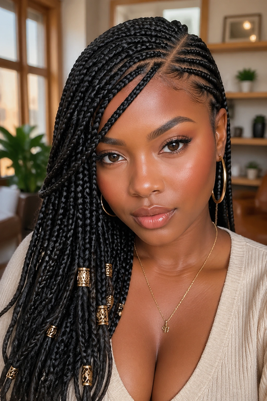 Portrait of side-swept Fulani box braids with a bold part