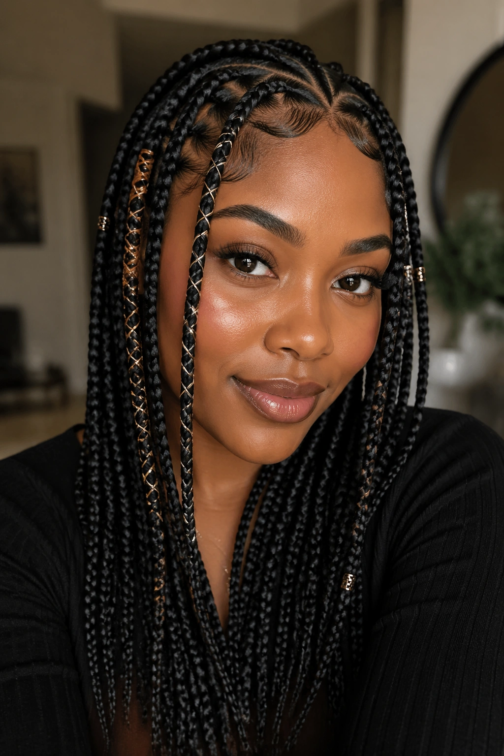 Close-up of real woman with string-wrapped Fulani braids