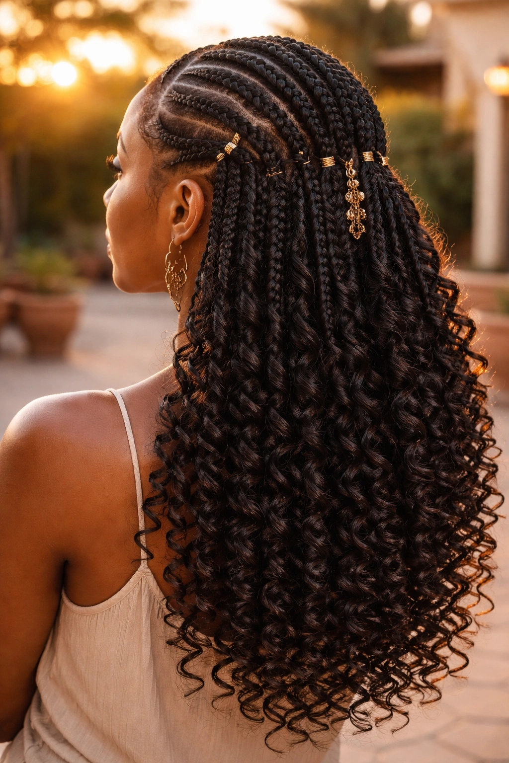 Back-view close-up of a real woman with wand-curled back section integrated into Fulani braids.
