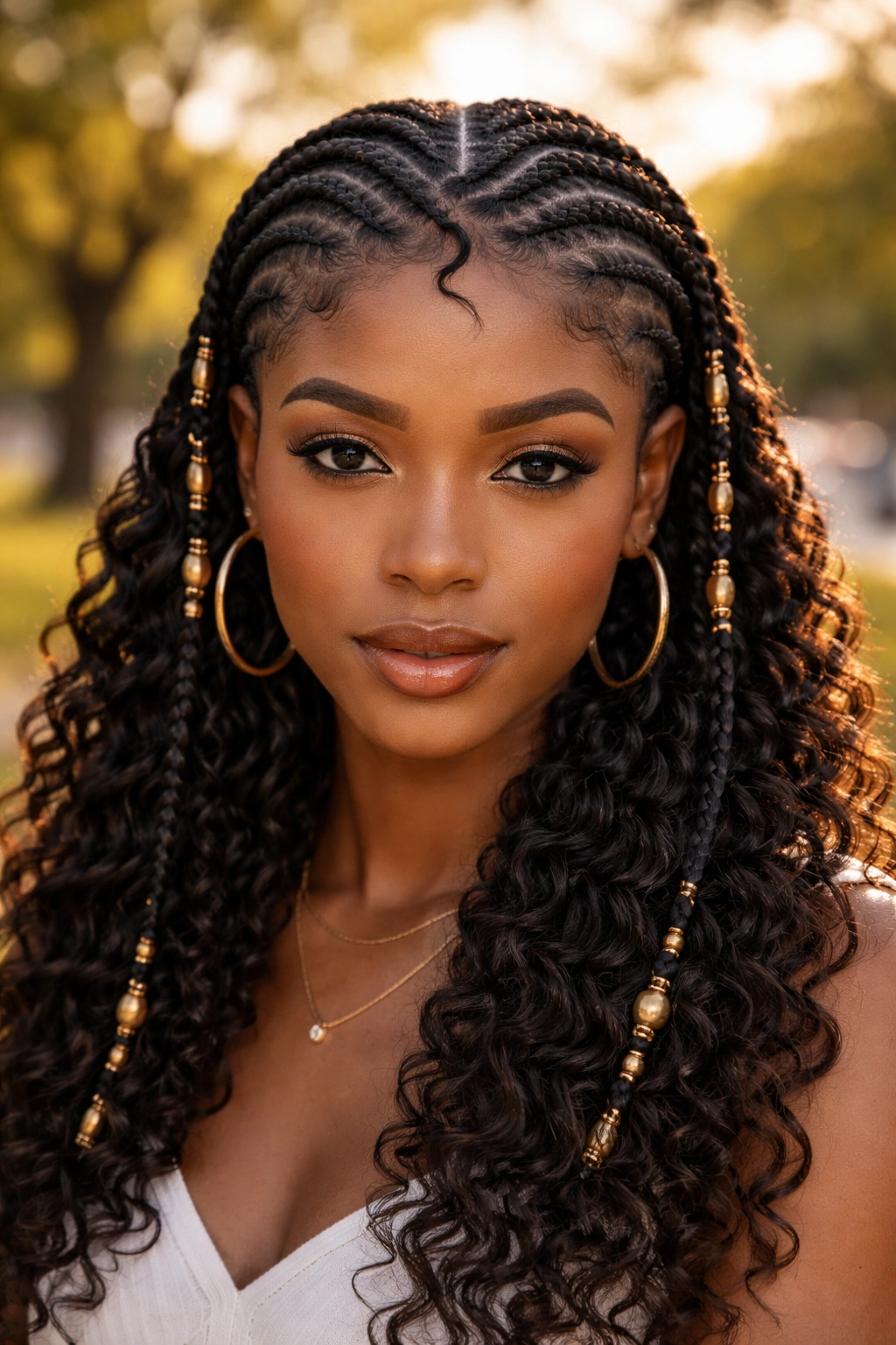 Front portrait showing a zigzag center part in Fulani braids with a curl section at back.
