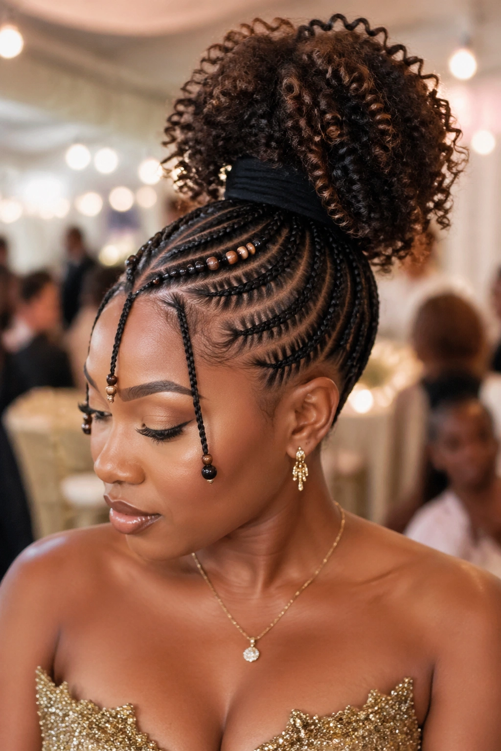 Close-up of a real woman with a bun and curl burst