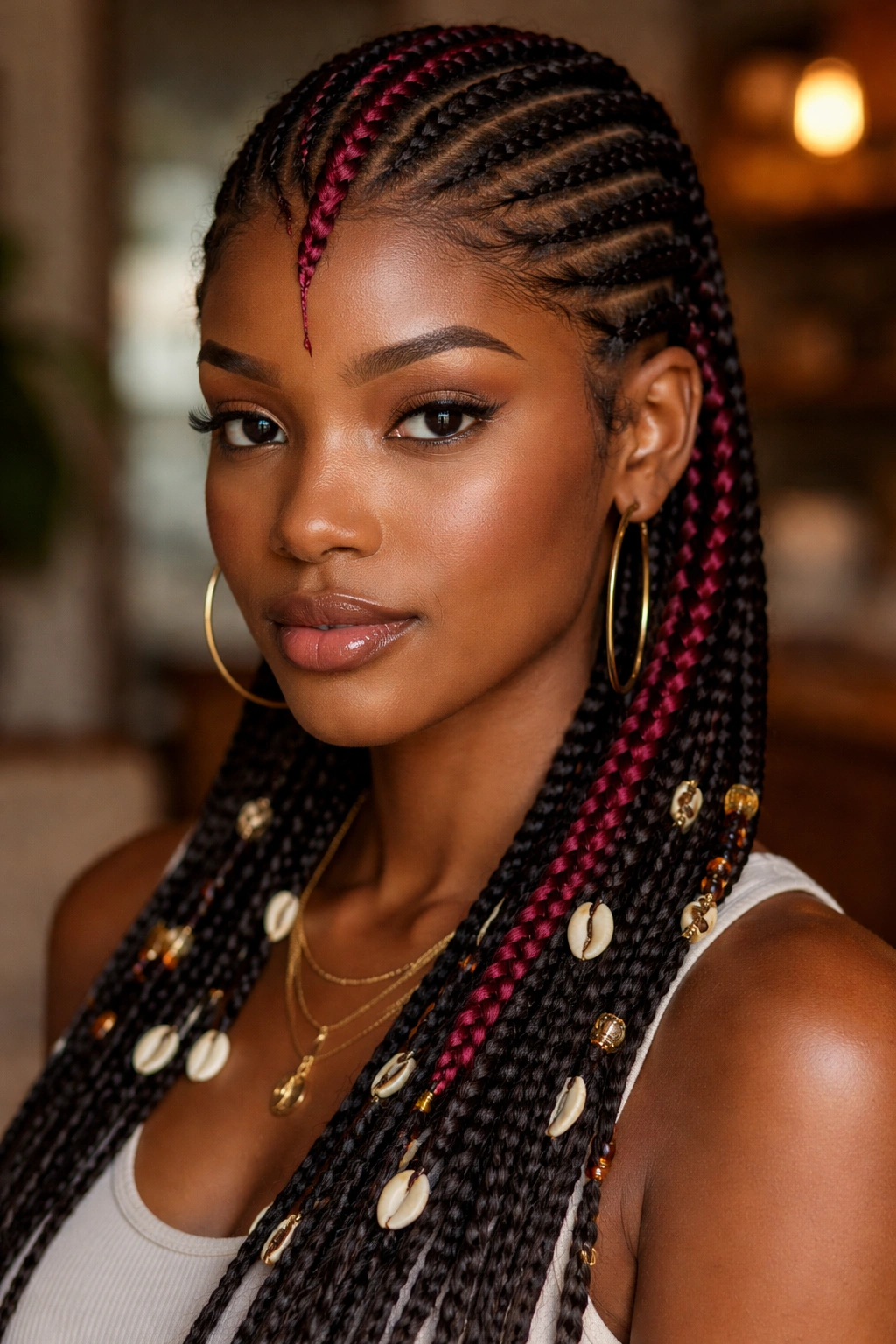 Close-up of Fulani cornrows with burgundy accent on a real woman