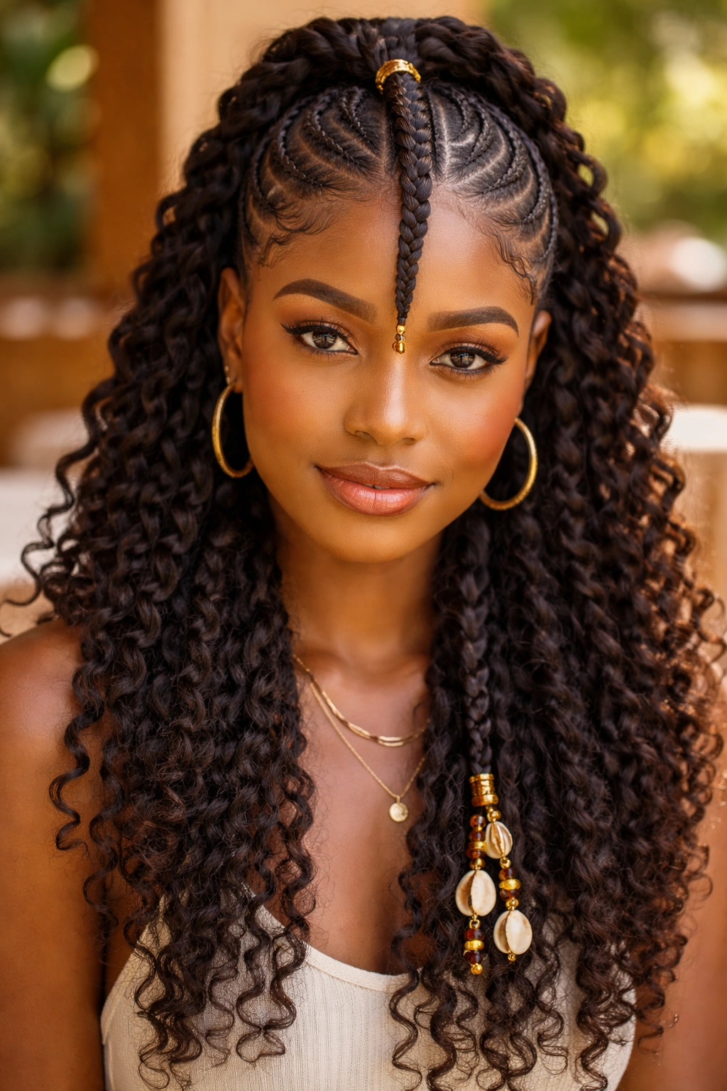 Woman with Fulani half-up crown and center braid with beads.