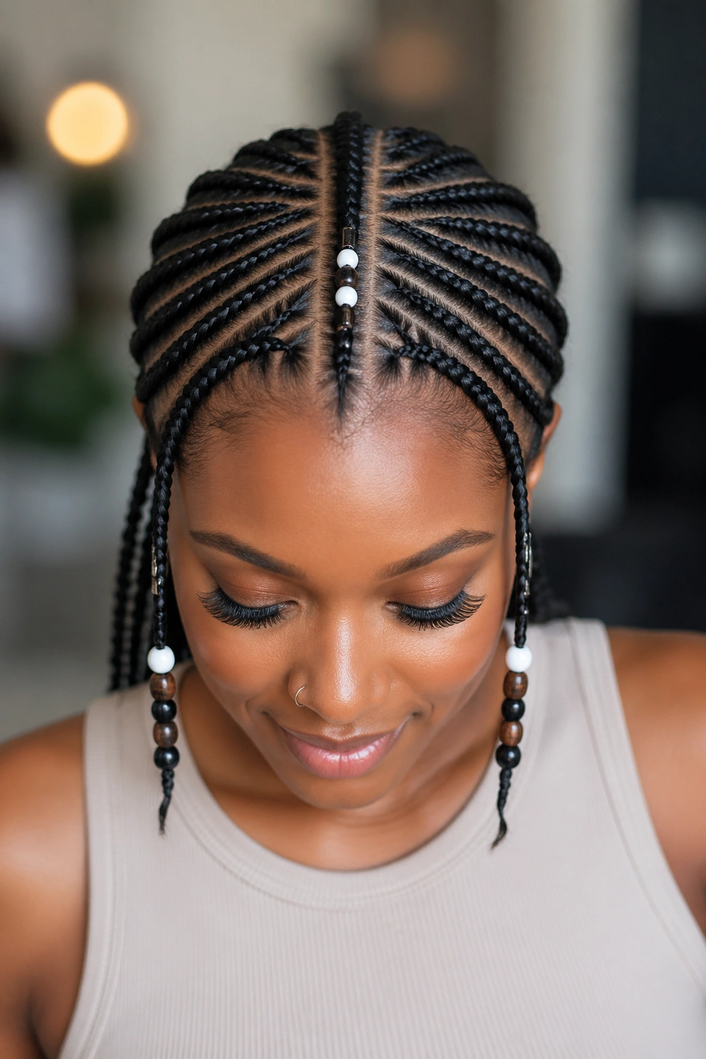Fulani-inspired center braid with beads on a real woman's head
