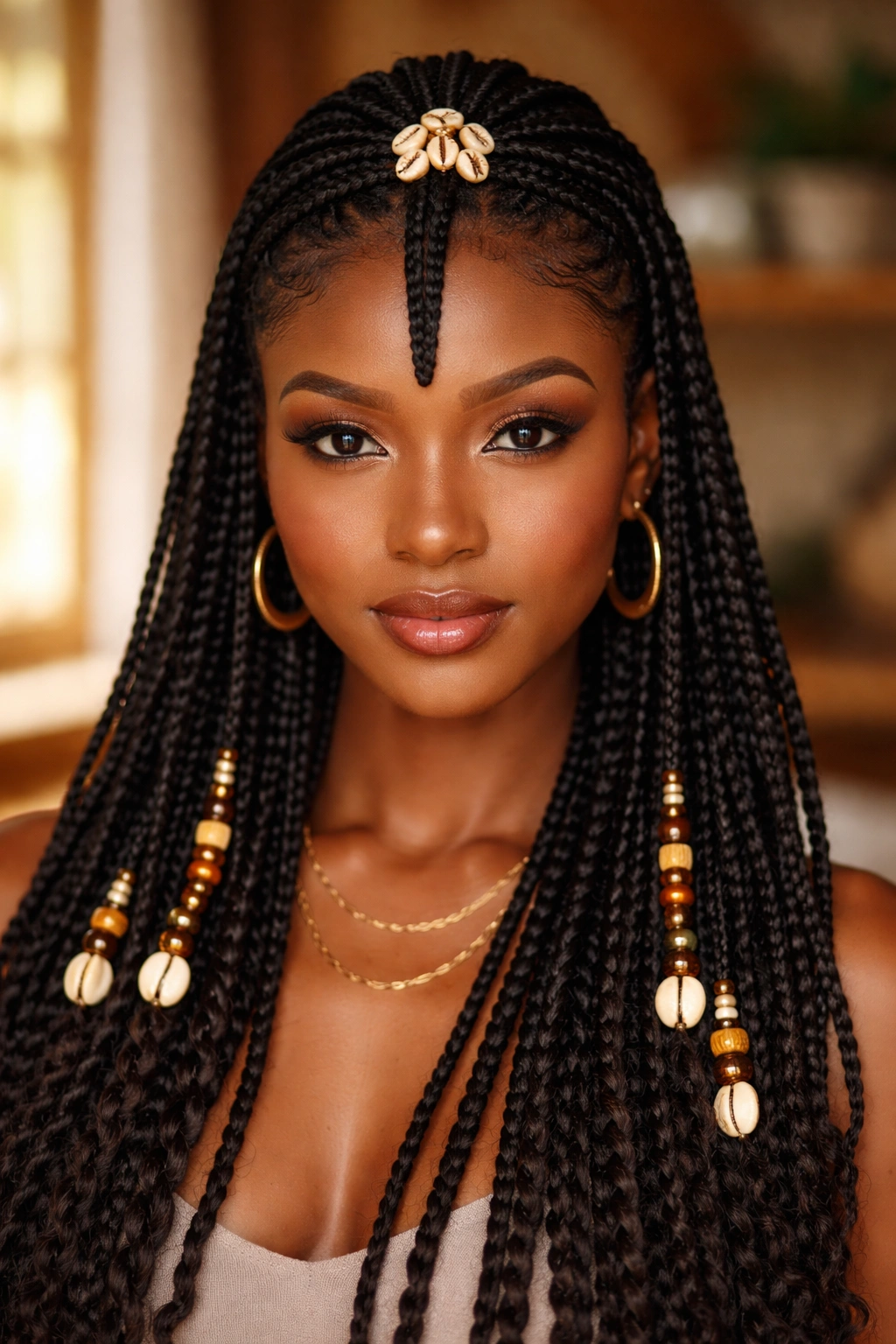 Close-up portrait of a woman with centered Fulani center cornrow, beaded ends, and cowrie crown