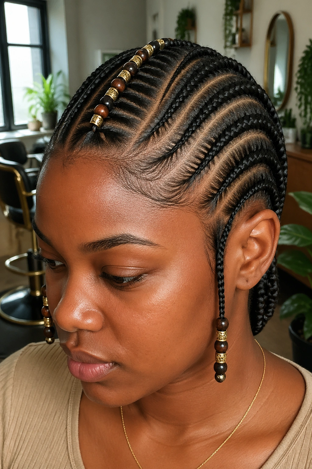 Close-up of a real woman with Fulani cornrows featuring a central spine and beads