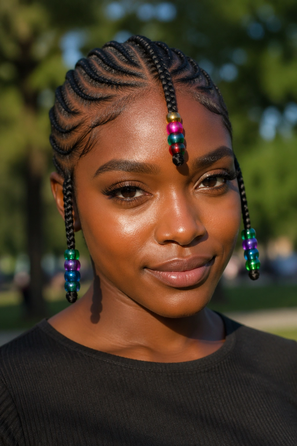 Close-up of a real woman with Fulani cornrows and bright colored pony beads.