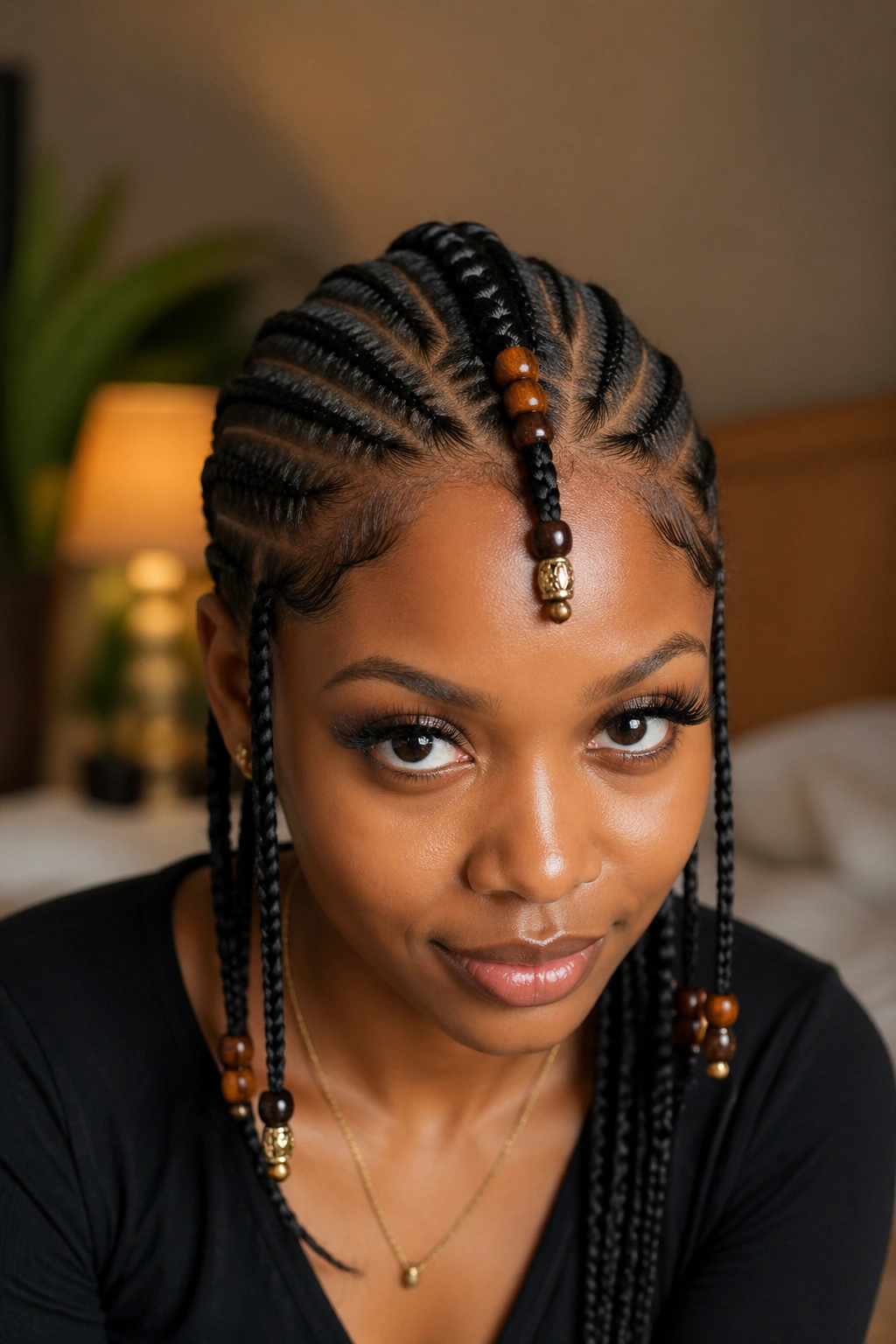 Portrait of a real woman wearing Classic Fulani Cornrows with a thick center braid and beads