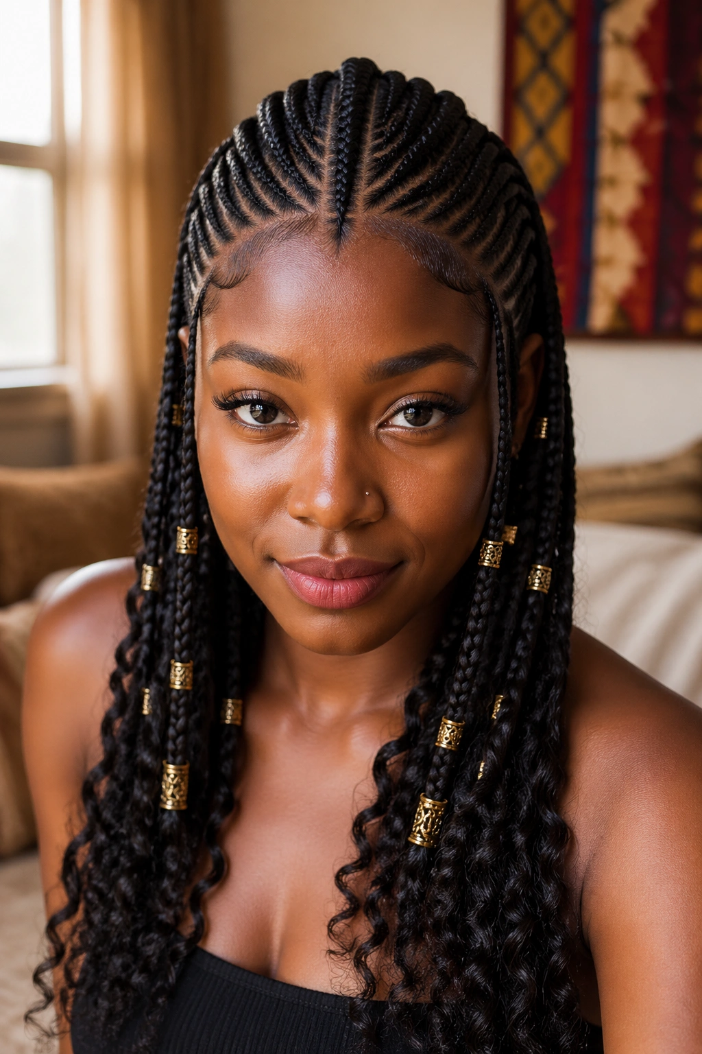 Portrait of a real woman with Fulani cornrows featuring center braid and beads.