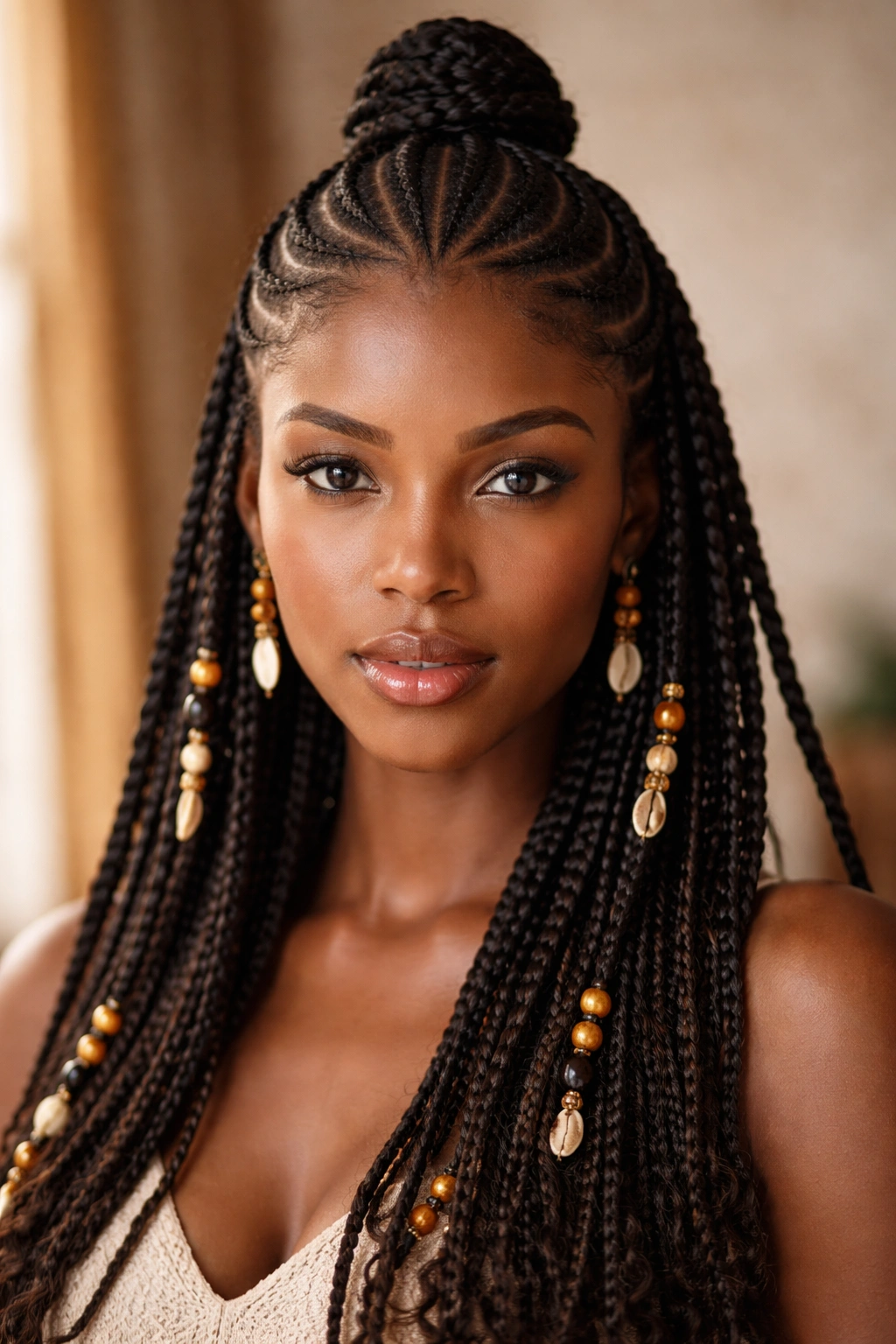 Close-up portrait of Fulani cornrows with central bun on a real person in warm indoor setting