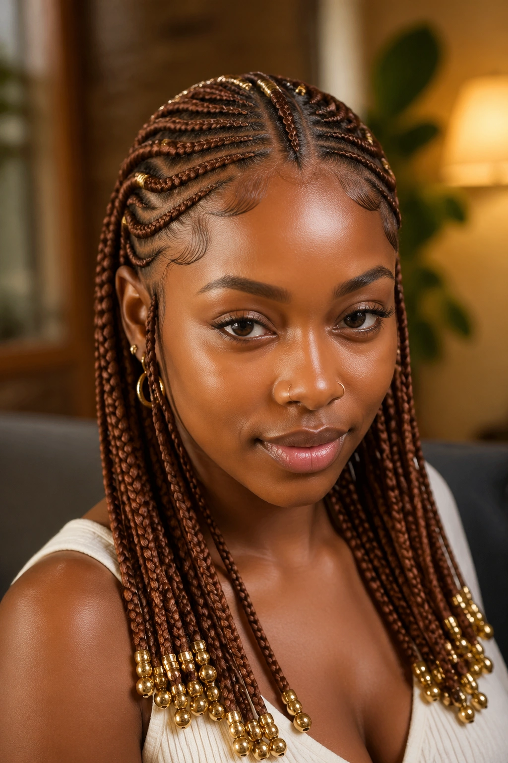 Real-person portrait with chestnut Fulani cornrows and gold beads.