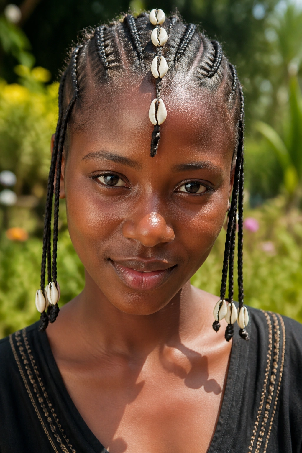 Portrait of a real woman with Fulani cornrows featuring cowrie shells along the center and ends