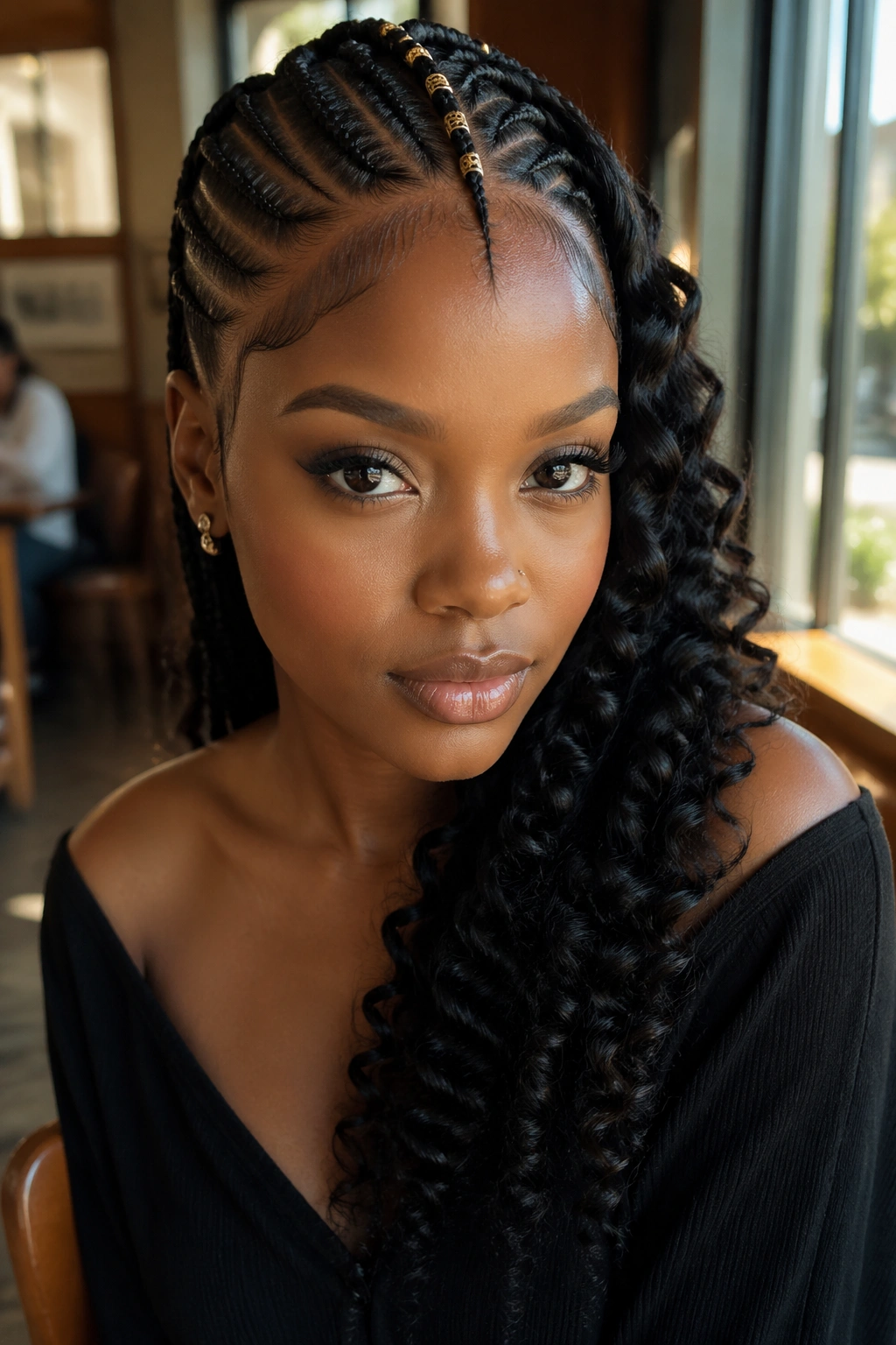 Close-up portrait of a real woman with Fulani side curls and sleek braided side.