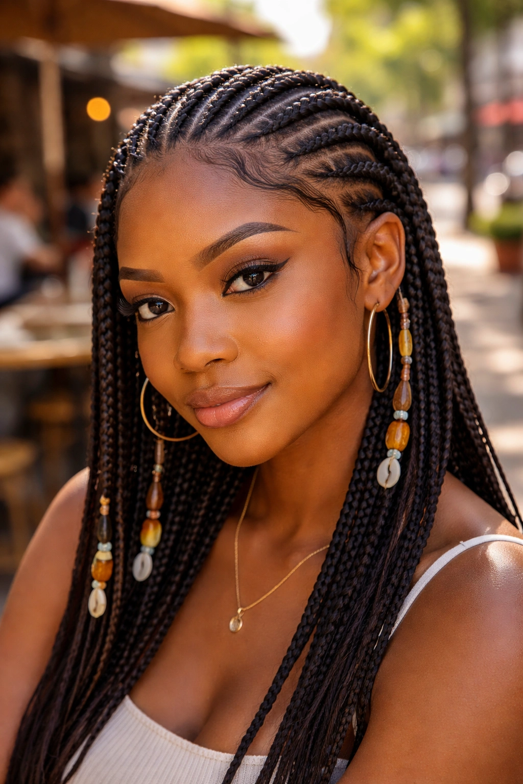 Close-up portrait of Fulani cornrows with curved hairline on a real woman in outdoor cafe setting