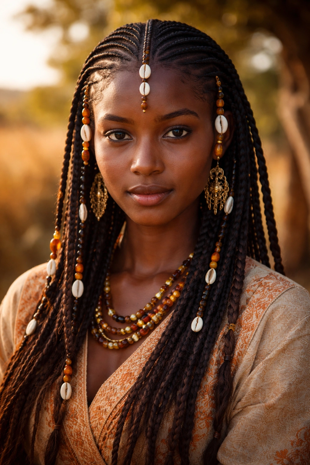 Close-up portrait of a Fulani woman with center cornrow and beaded hairstyle in a historical West African setting