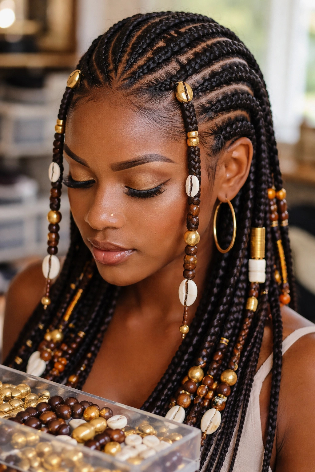 Portrait of a person wearing gold cuffs, cowrie shells, and beads in Fulani-inspired cornrows