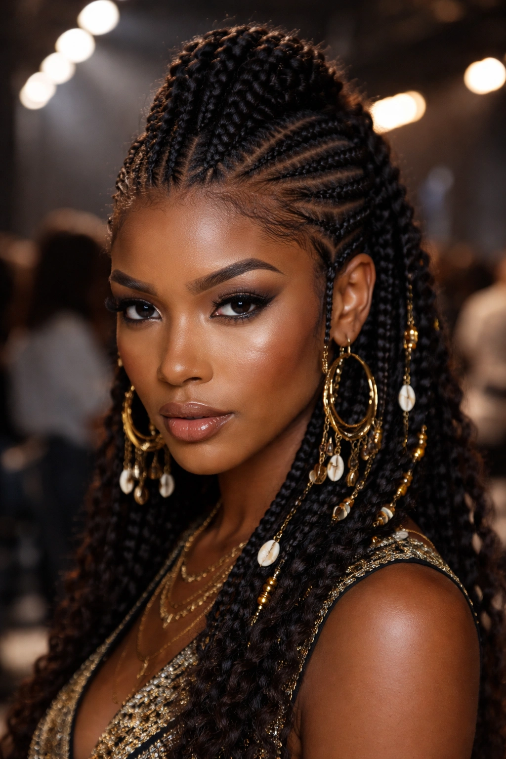 Close-up of Fulani cornrows with Mohawk center strip on a real person in backstage fashion setting