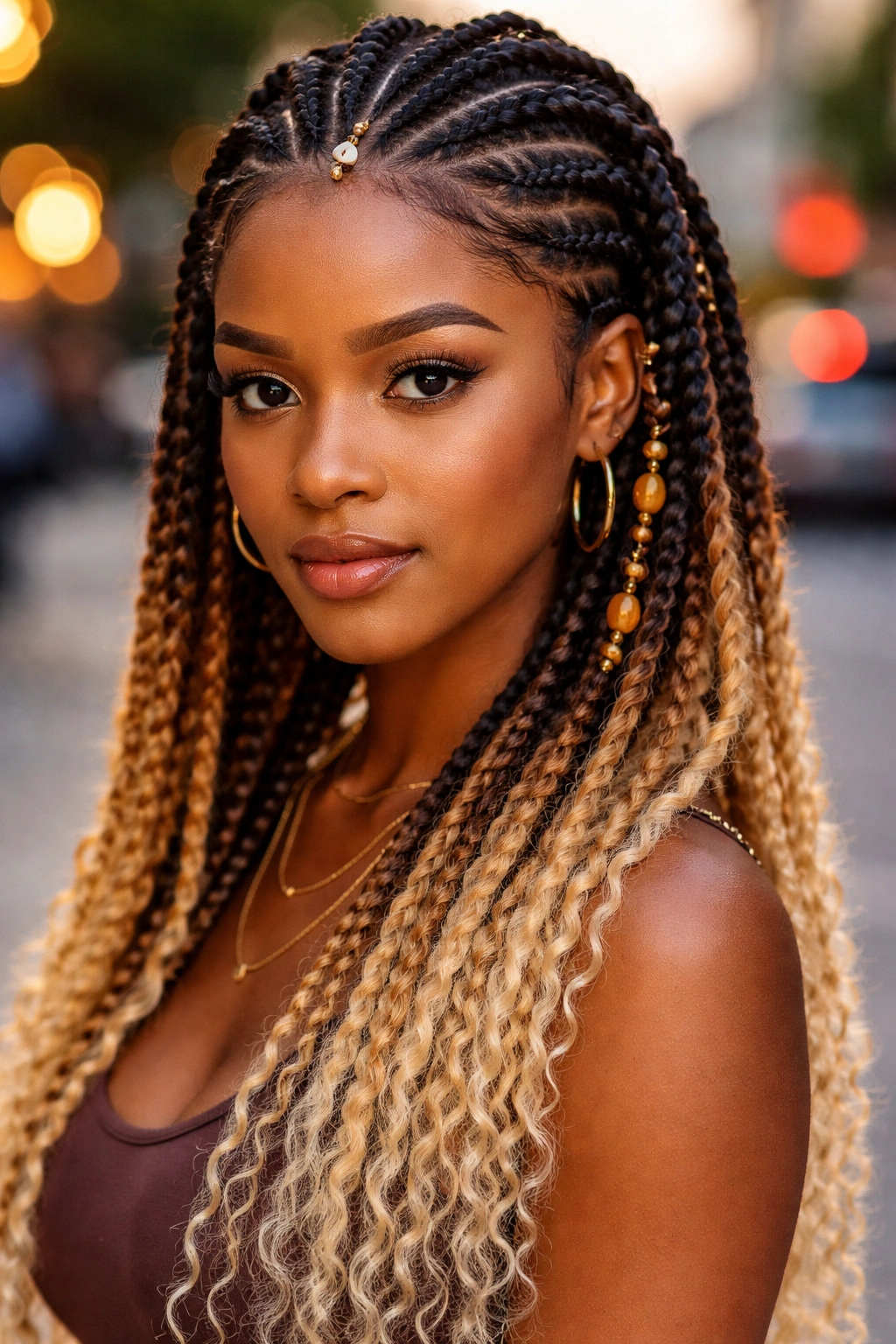 Close-up of Fulani cornrows with ombré color gradient on a real person in urban outdoor setting
