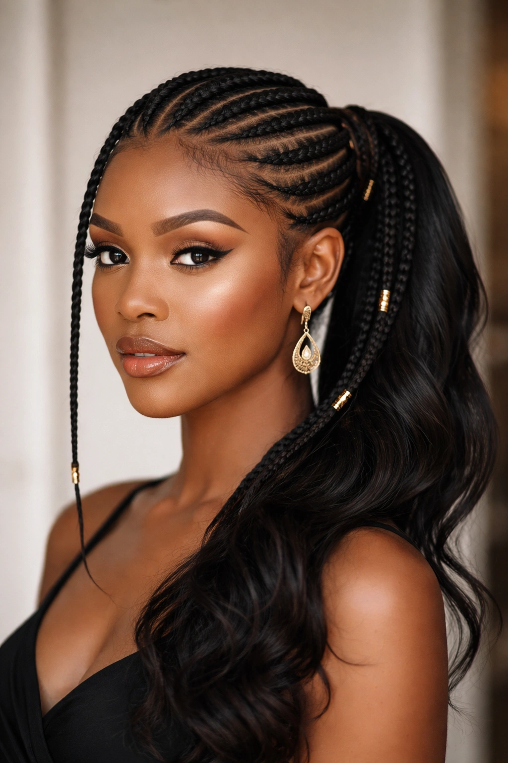 Fulani-inspired side cornrows with center part flowing into a side pony