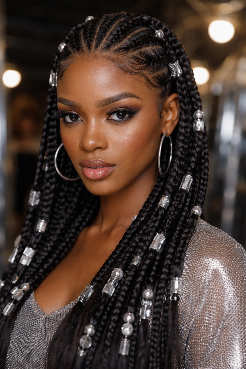 Close-up of Fulani cornrows with silver accents on a real person in backstage fashion environment