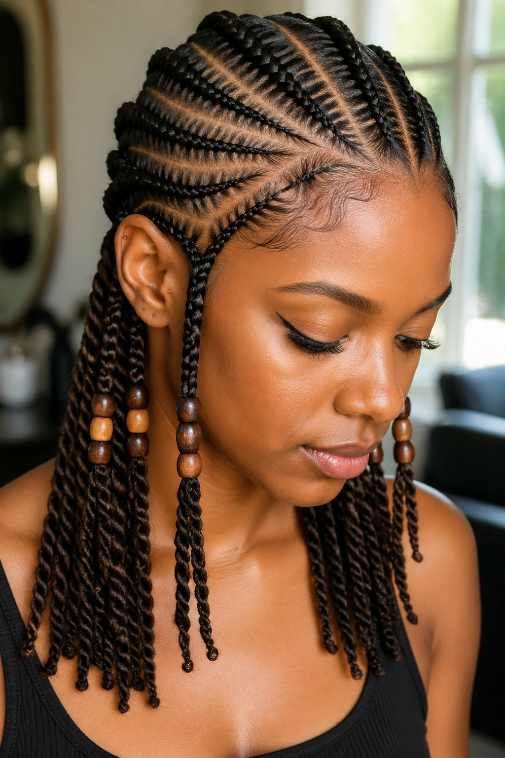 Close-up of real woman with Fulani cornrows ending in twist tails with beads in warm salon light