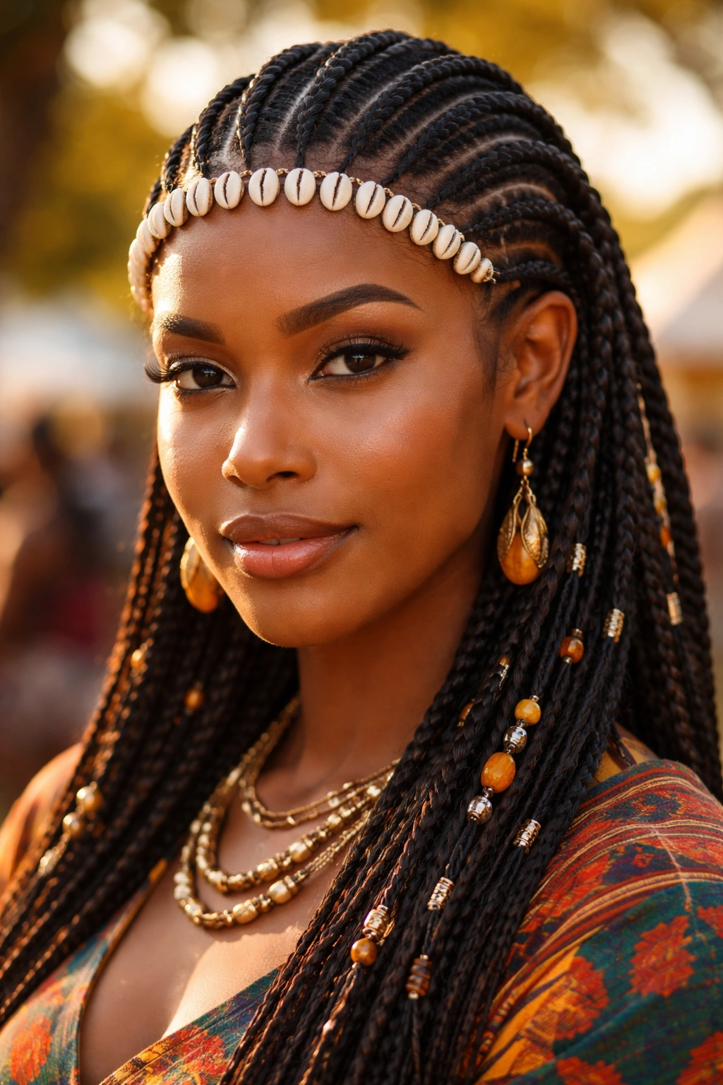 Close-up of a woman with cowrie shell accents along the front hairline
