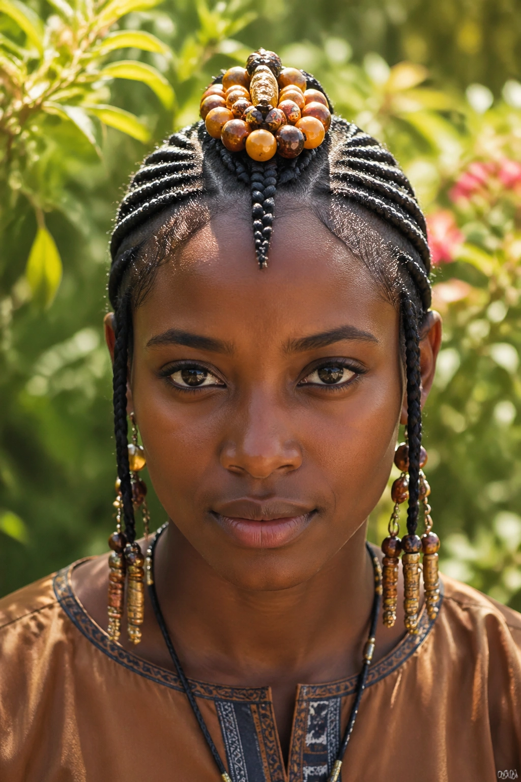 Real-person portrait with crown beads on Fulani cornrows at the apex.