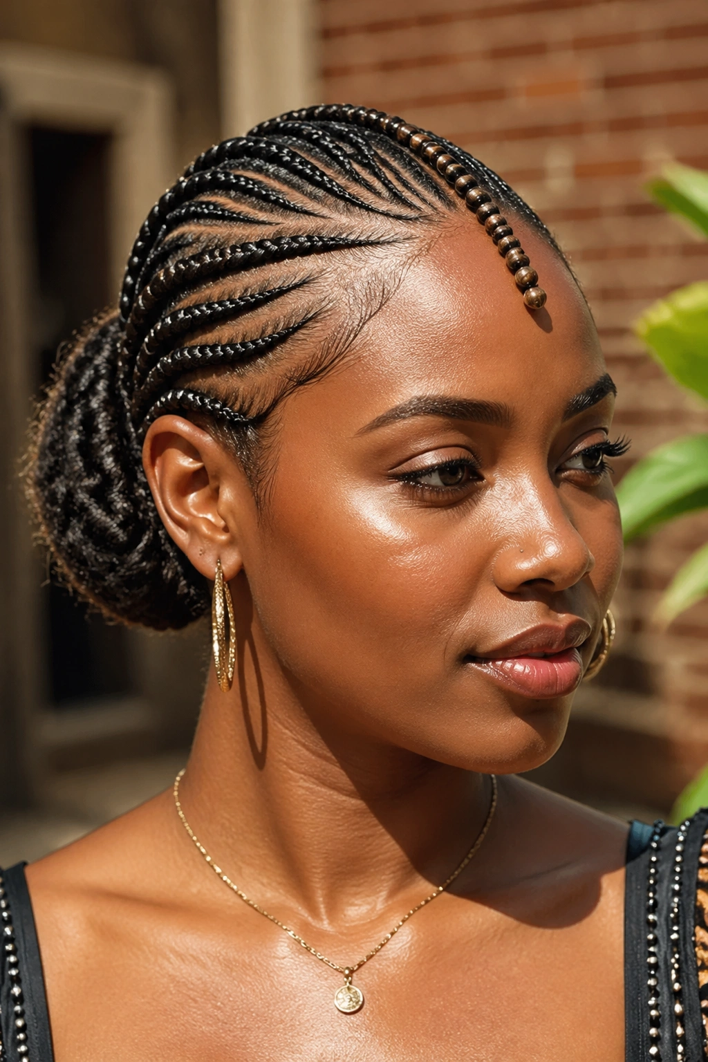 Close-up of a real woman with Fulani-inspired beaded crown and side cornrows