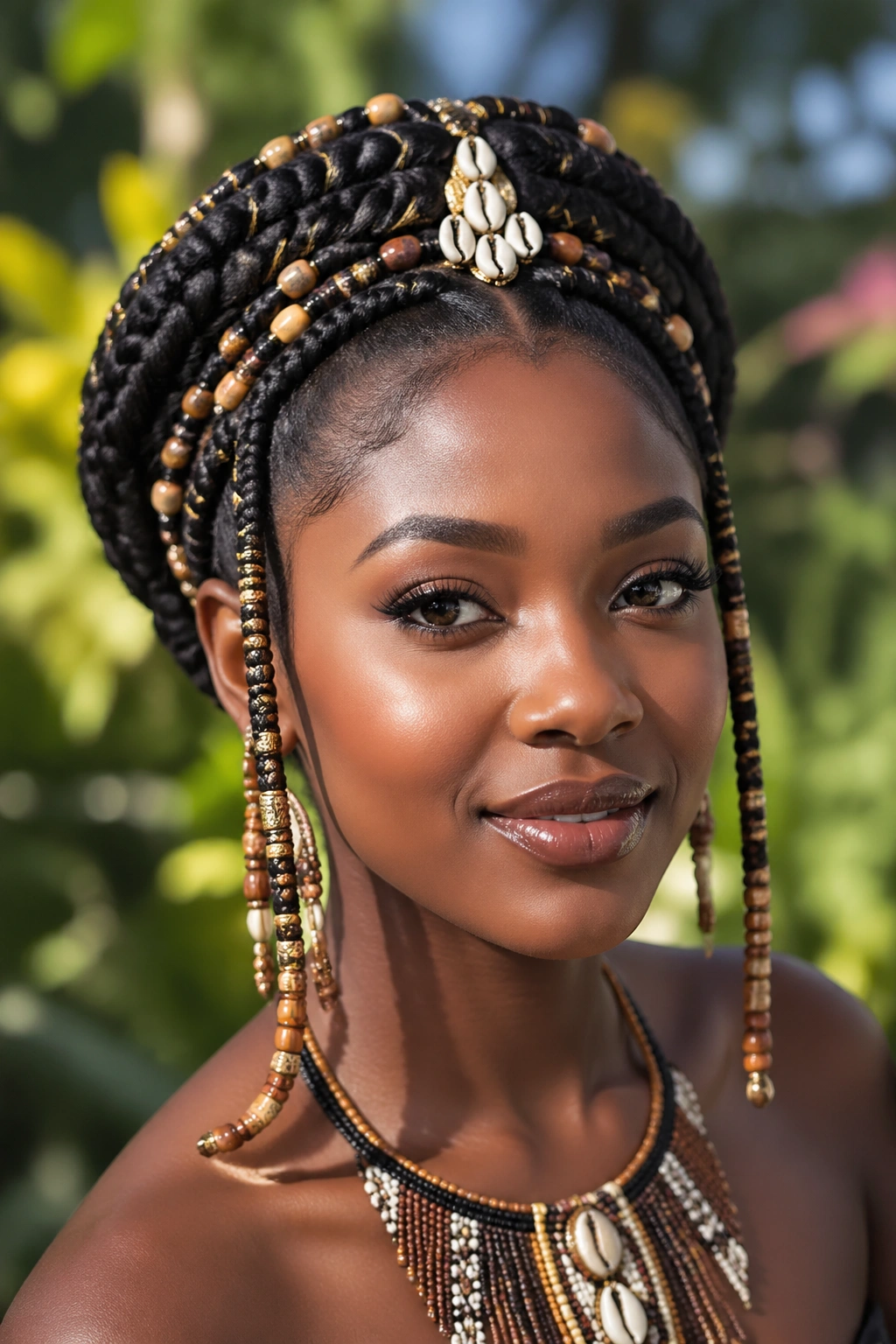 Close-up of a real woman with Fulani-inspired crown braid adorned with beads and cowries.