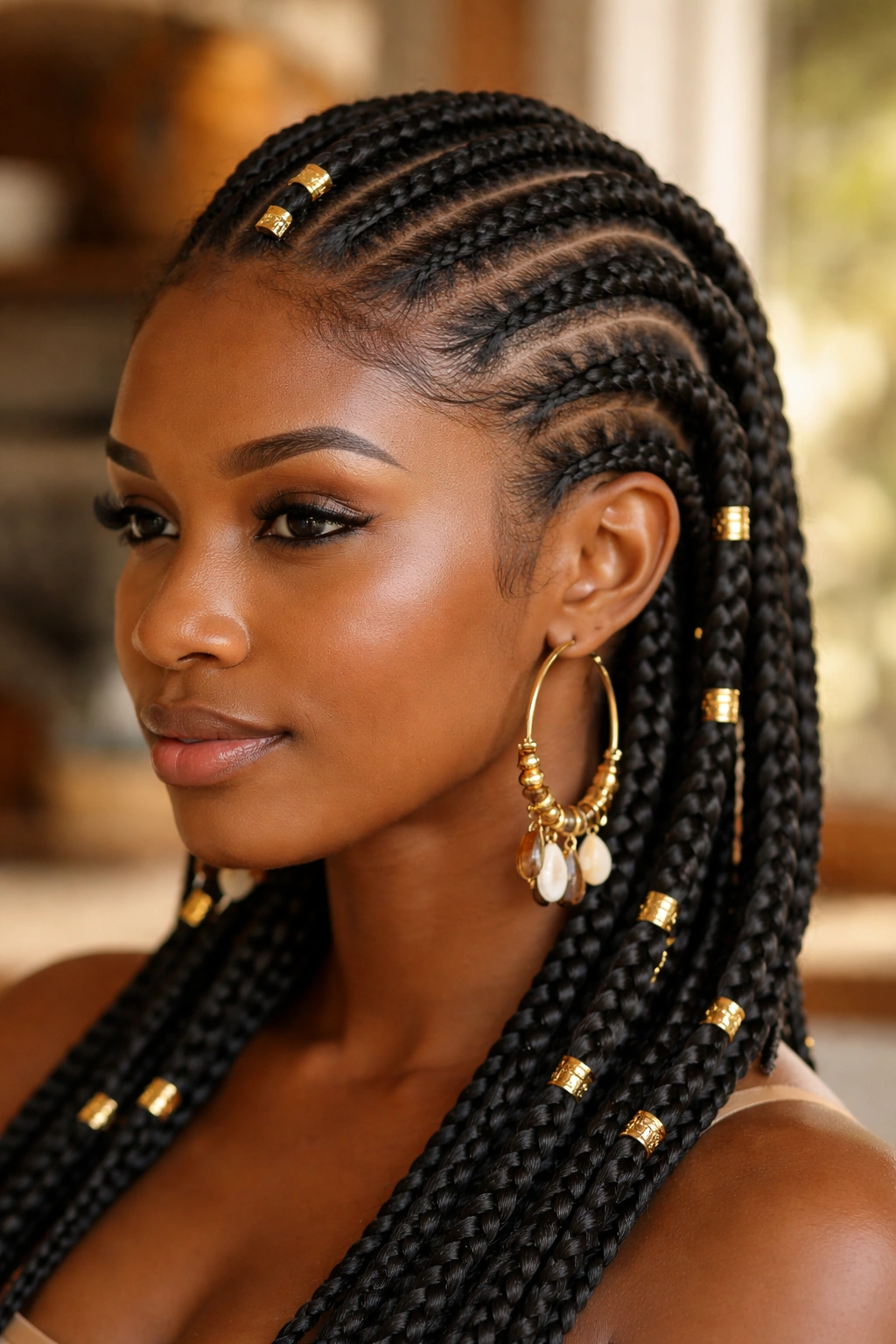 Portrait highlighting gold cuffs on Fulani cornrows at root, middle, and ends