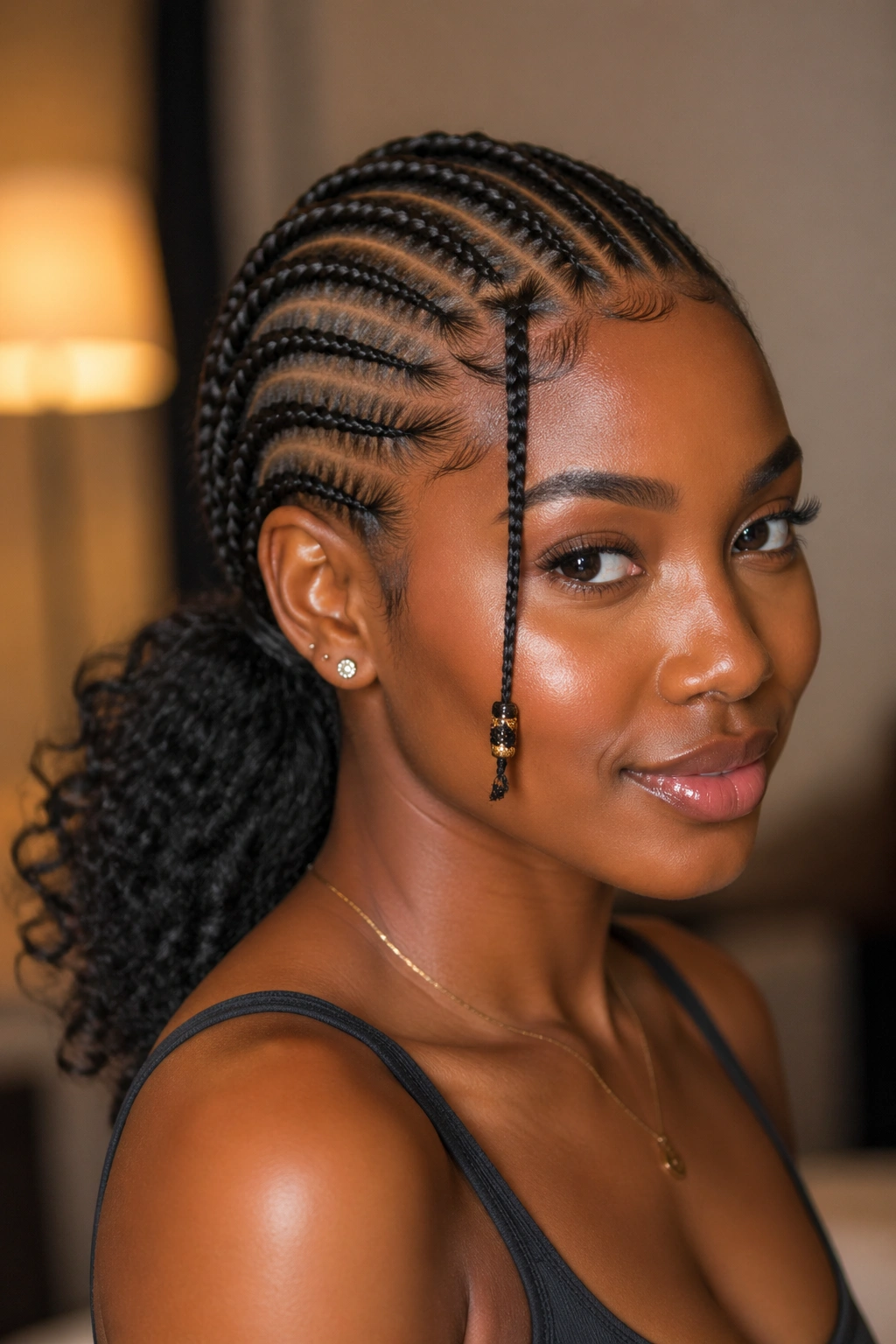 Portrait of a real woman with Fulani curls concentrated at the nape.