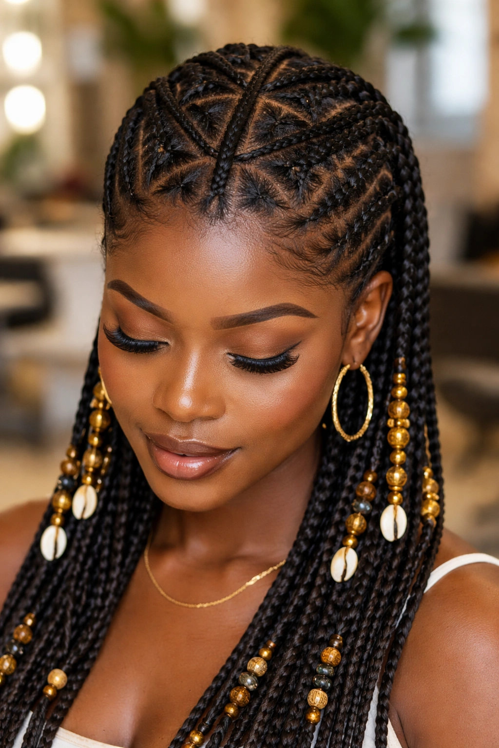 Close-up of a woman with a diamond-part Fulani hair pattern and central cornrow