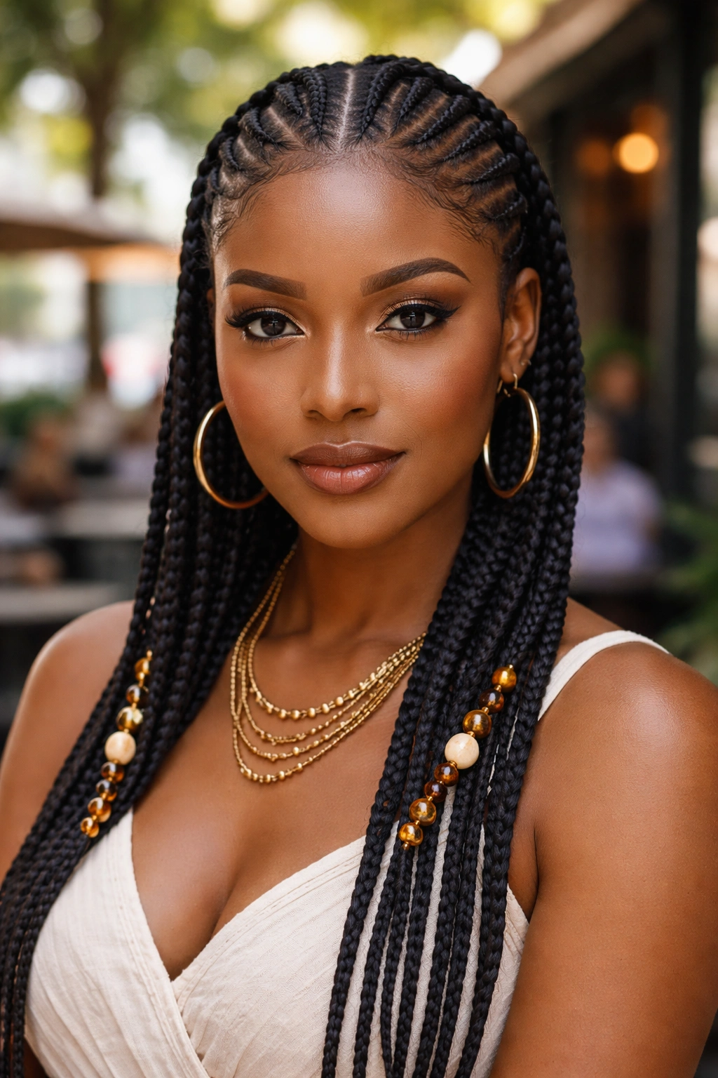 Close-up of a woman with two dropped Fulani front braids framing her face