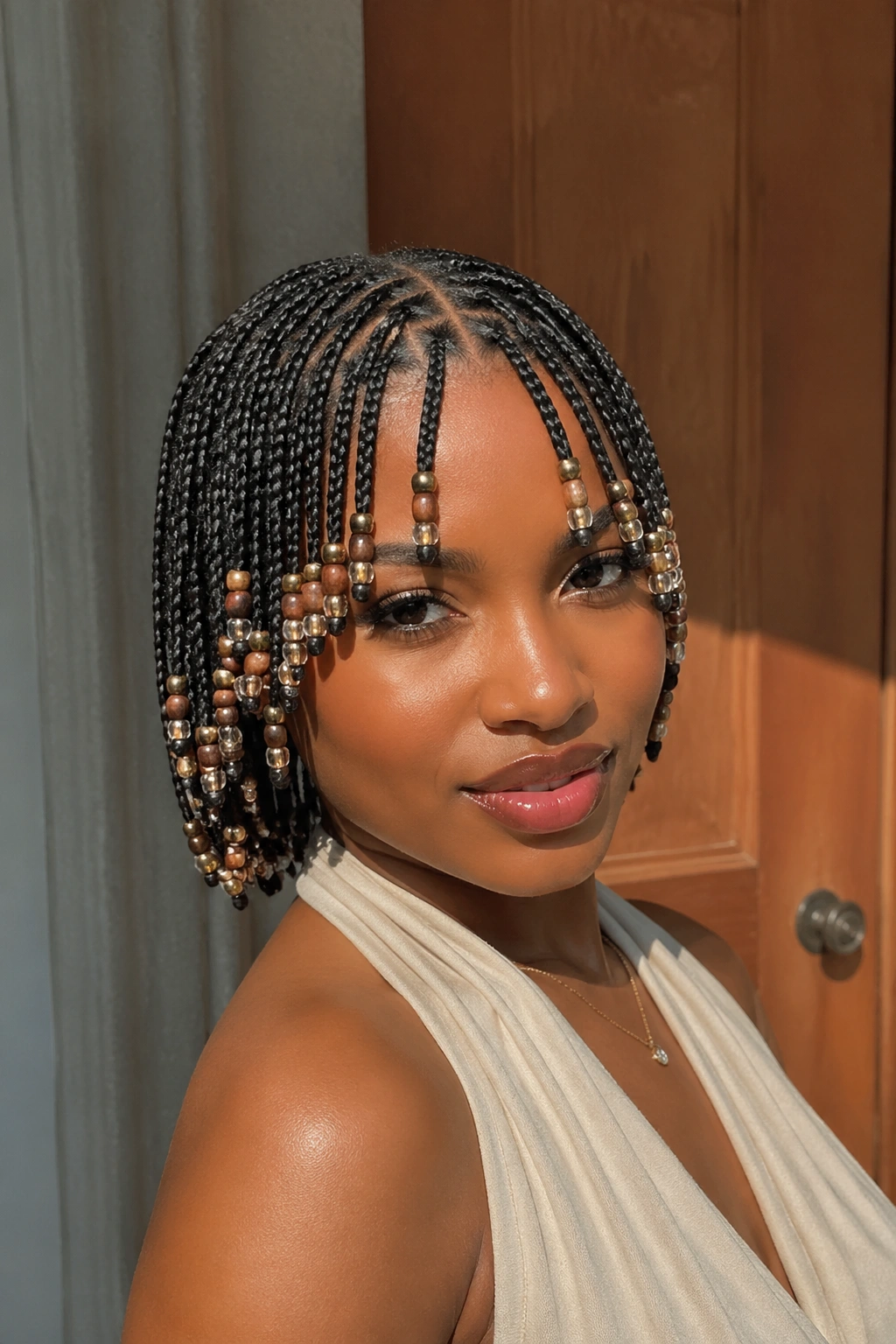 Close-up portrait of Fulani-Inspired Front Braids with a Beaded Fringe on a real person